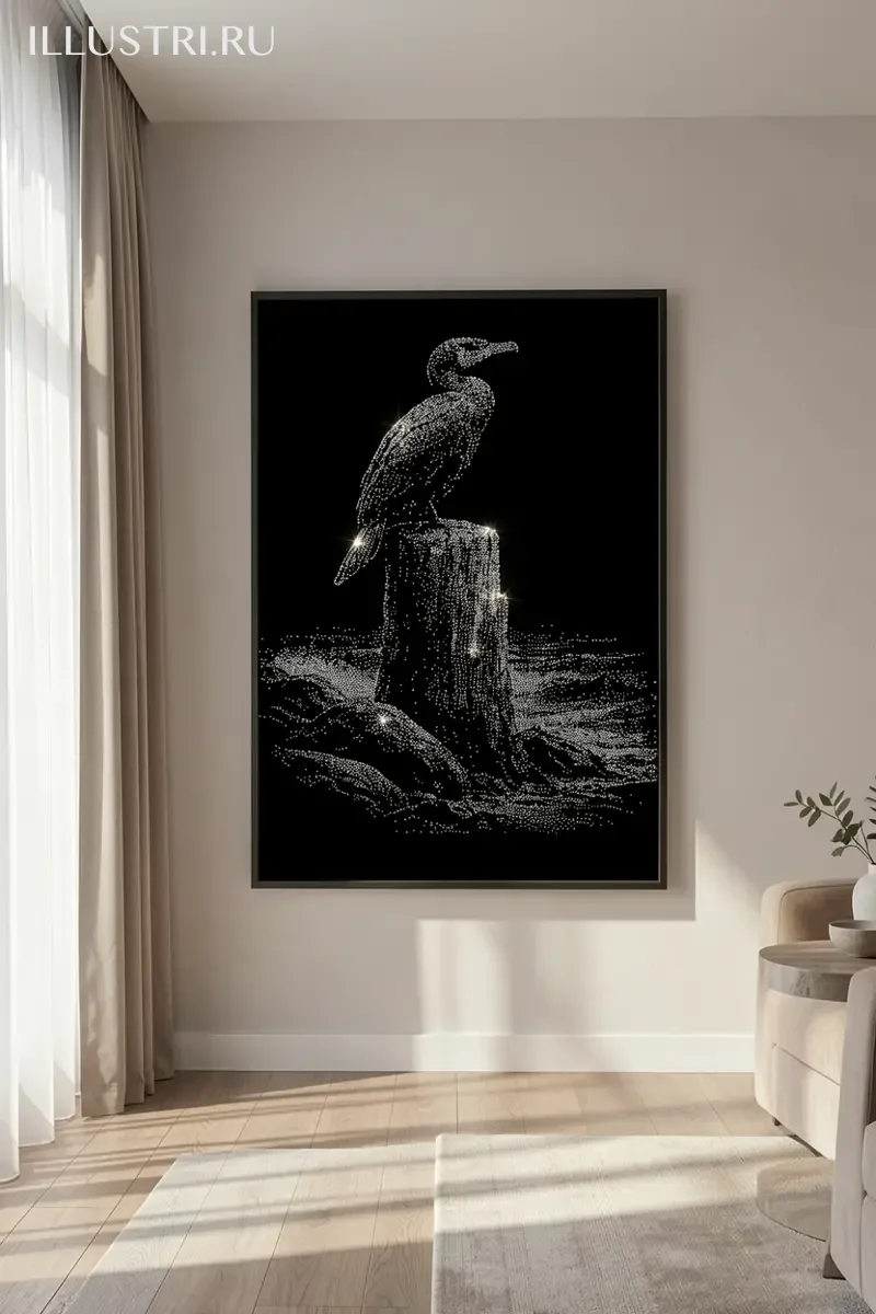 Визуализация Баклан на бревне на берегу моря